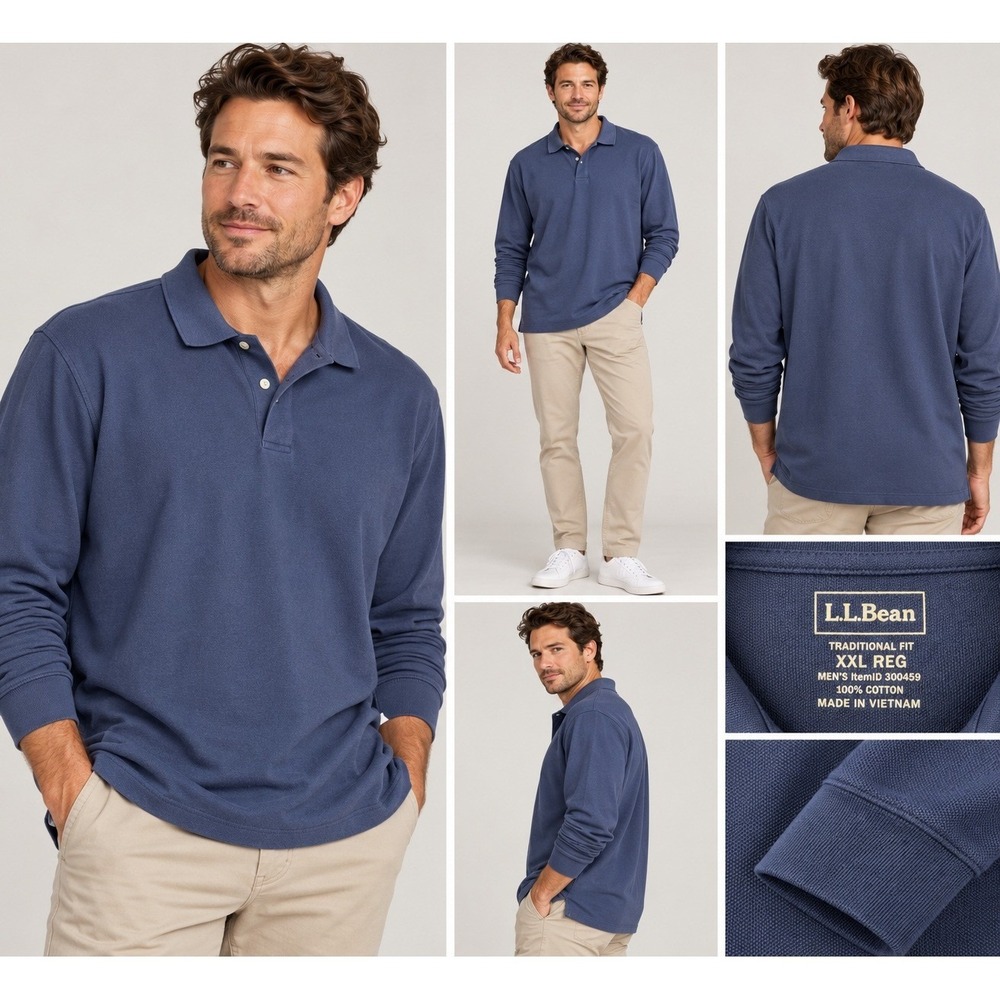 LL Bean Mens Long Sleeve Polo Shirt XXL Blue Cotton Pique Traditional Fit 300459